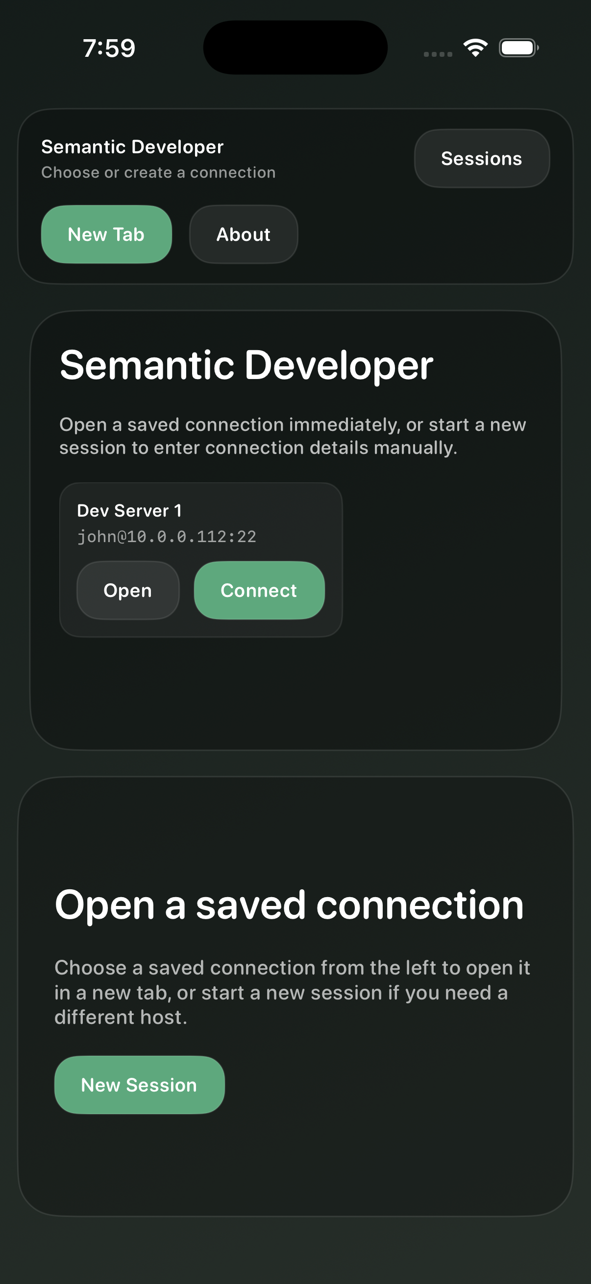 Semantic Developer saved connection launcher on iPhone
