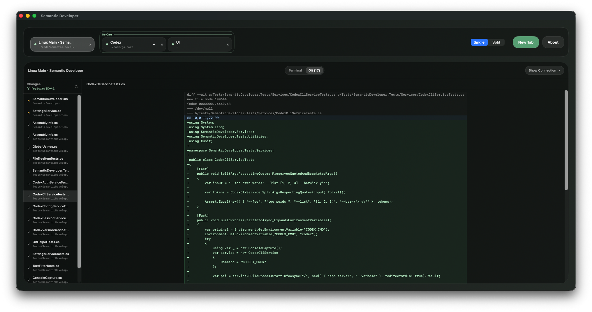 Semantic Developer Git sidebar on macOS